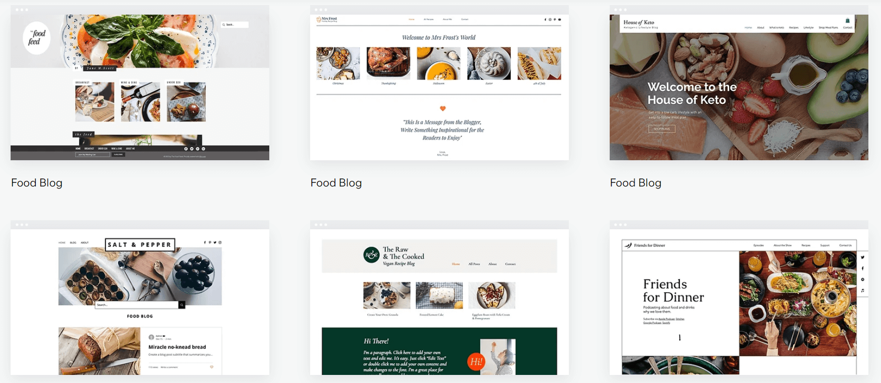 Six different Wix templates, made for food blogs