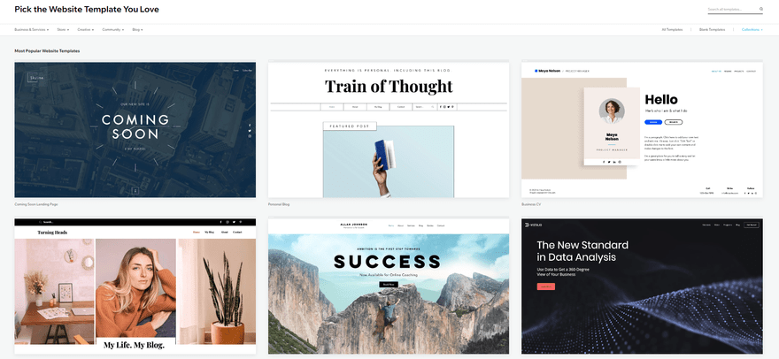 Wix template gallery showcasing a selection of six themes