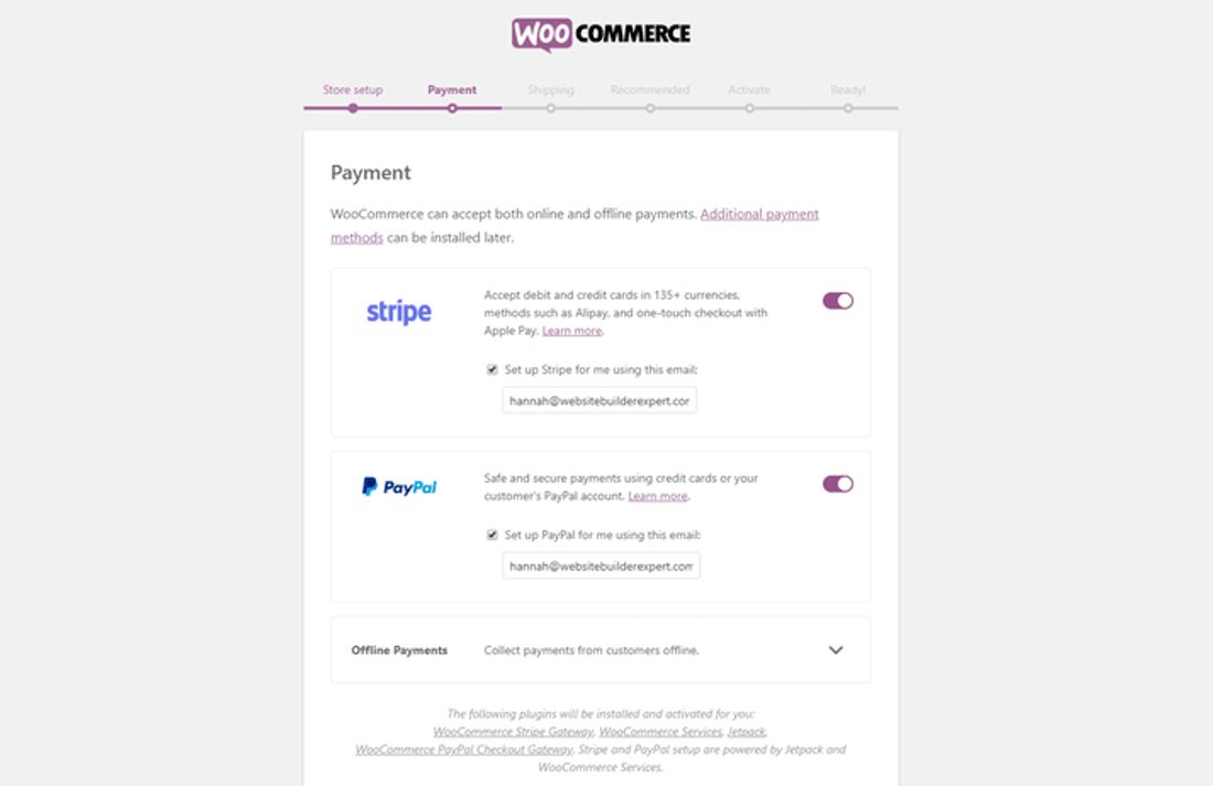 WooCommerce setup form payment settings featuring PayPal and Stripe