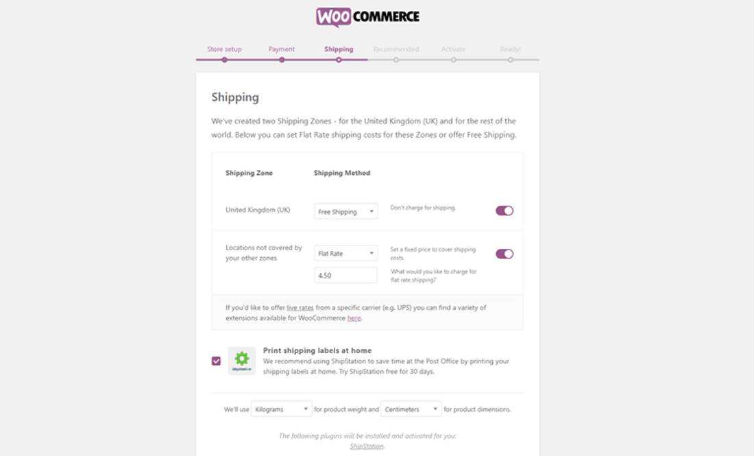 WooCommerce setup form shipping settings