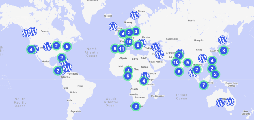 Globe map marking WordPress anniversary event locations