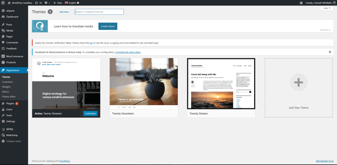 WordPress add new theme page in the editor