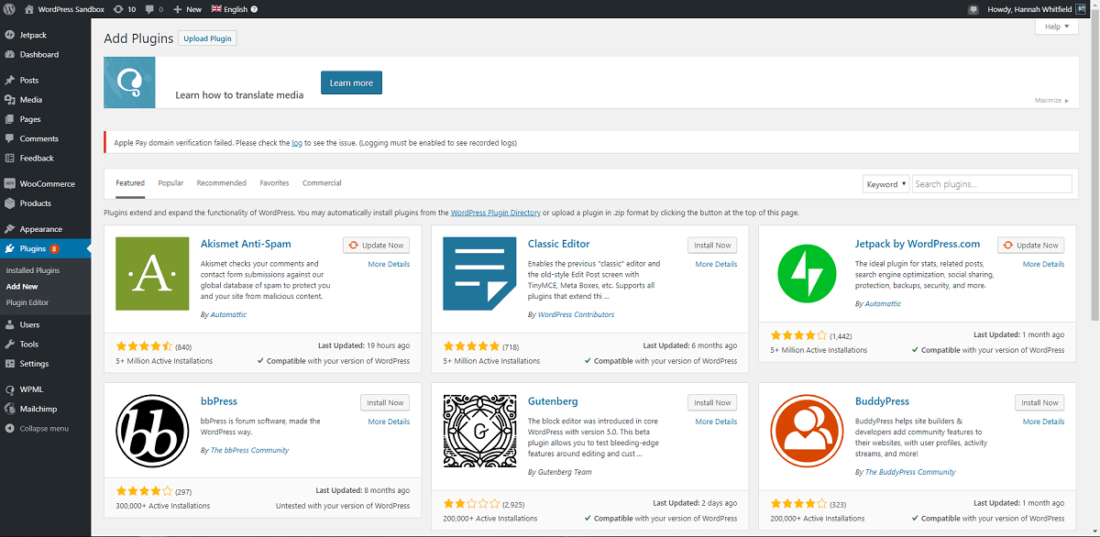 Plugins page in WordPress backend with plugins to choose from