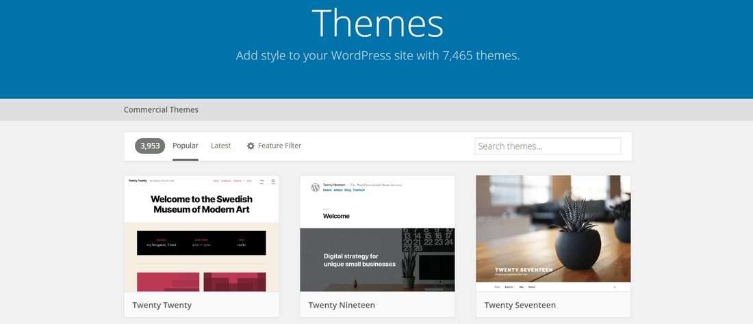 WordPress theme library showing three theme previews