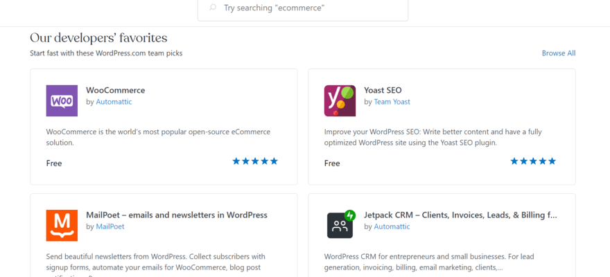 Plugin library on WordPress.com showing popular website plugins including Yoast SEO and WooCommerce